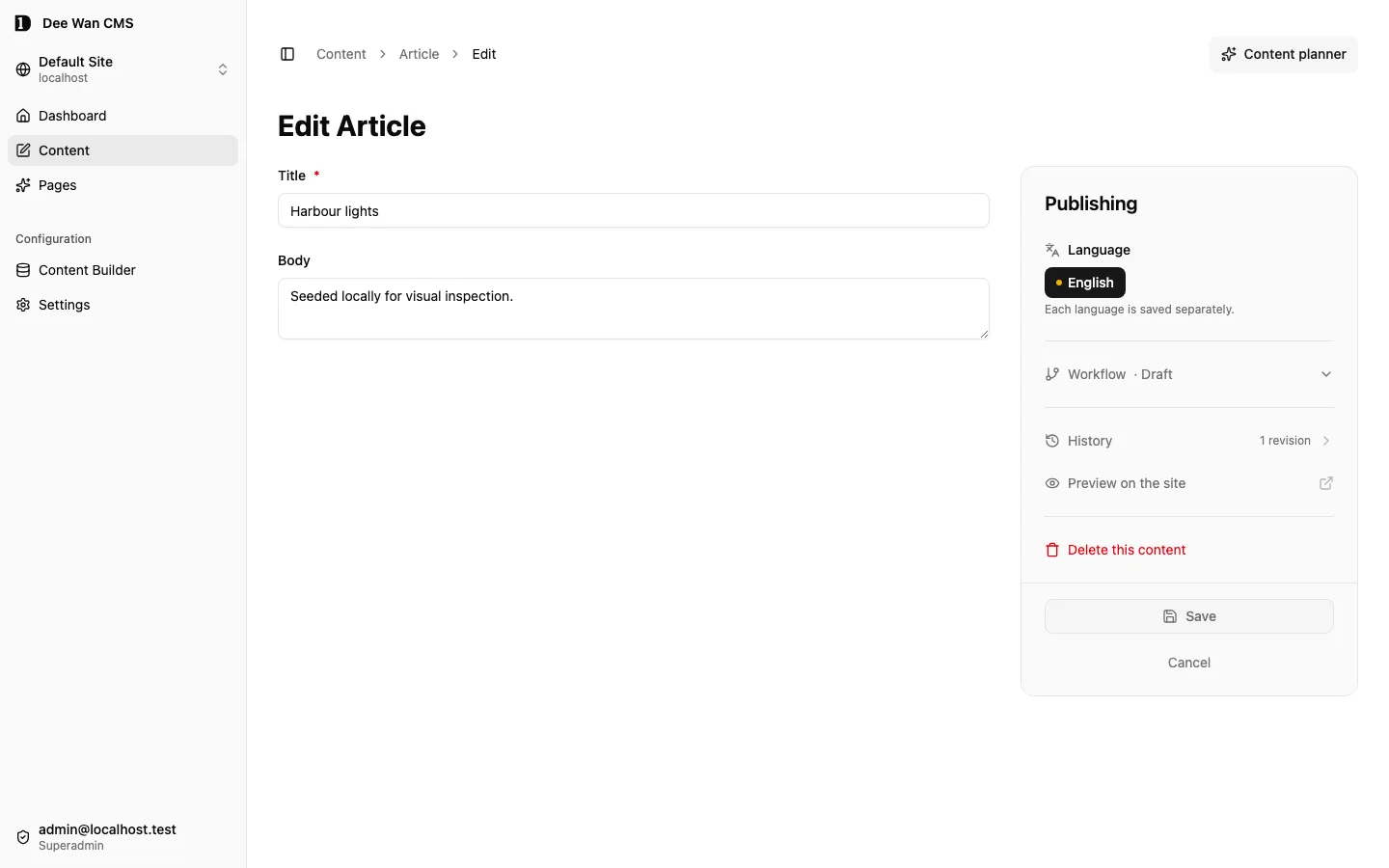 บทความที่ seed ไว้เปิดอยู่ใน content editor โดยมีแผง Publishing อยู่ข้างๆ