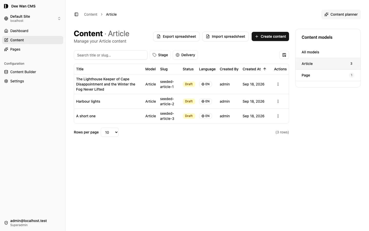 Content: draft ของ Article สามรายการที่ seed ไว้ในรายการ พร้อมตัวกรอง stage และ delivery