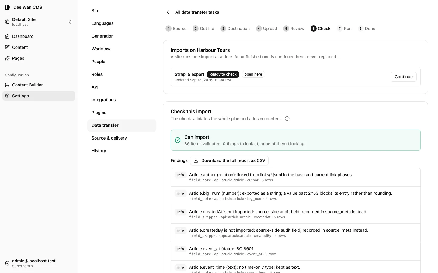 Import wizard ขั้น Check: ผลการตัดสิน “Can import” เหนือรายการสิ่งที่ตรวจพบ