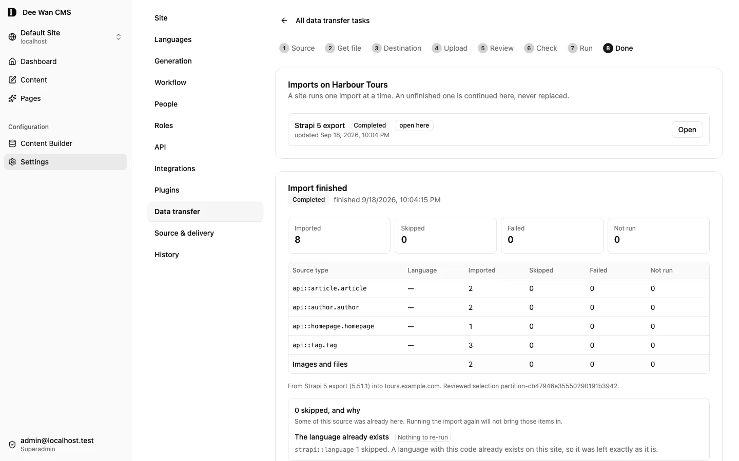 Import wizard ขั้น Done: จำนวนที่ import แล้ว ข้าม ล้มเหลว และไม่ได้รัน ต่อประเภทต้นทาง