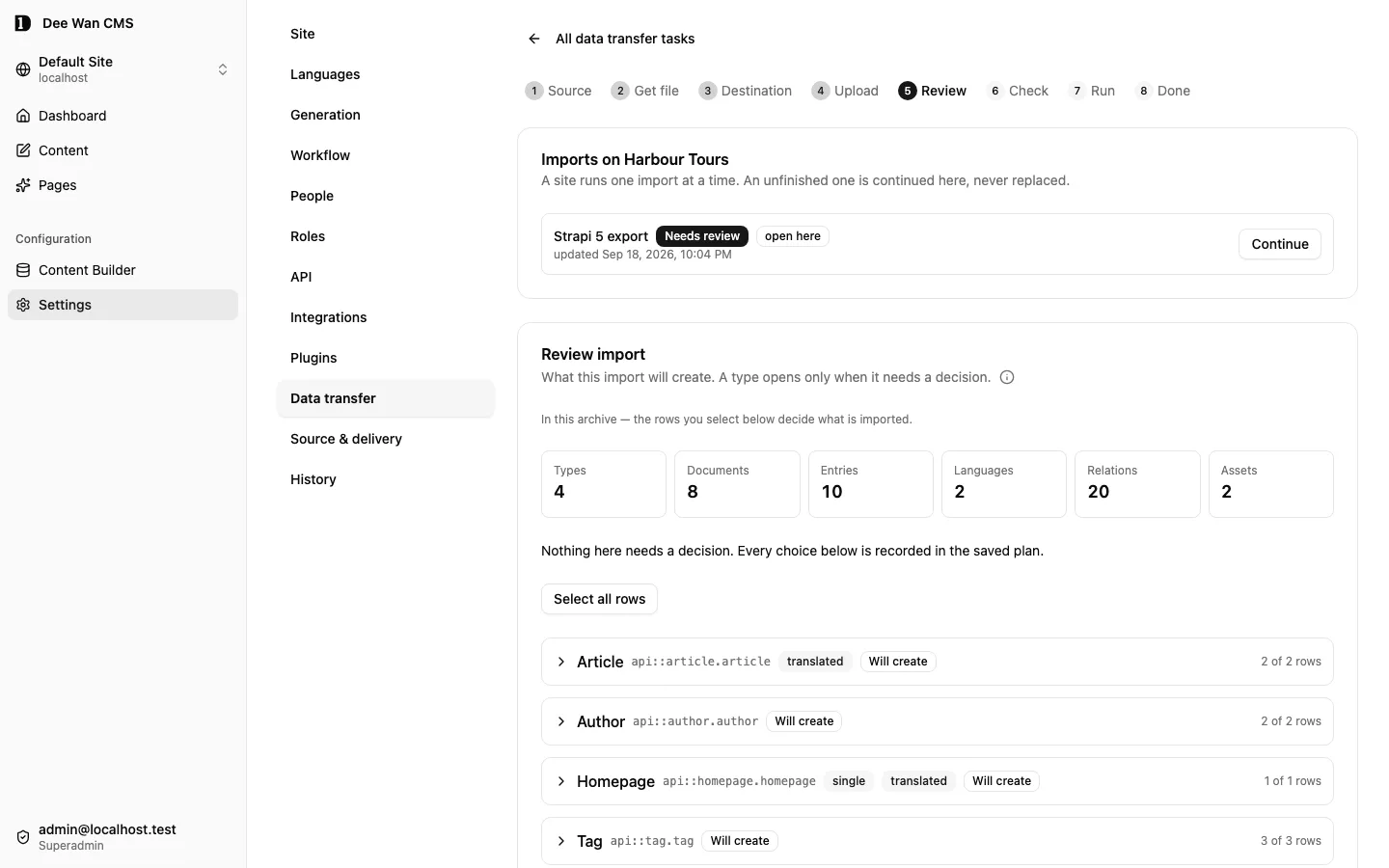 Import wizard ขั้น Review: จำนวนที่พบใน archive และหนึ่งแถวต่อประเภทต้นทางที่จะสร้าง
