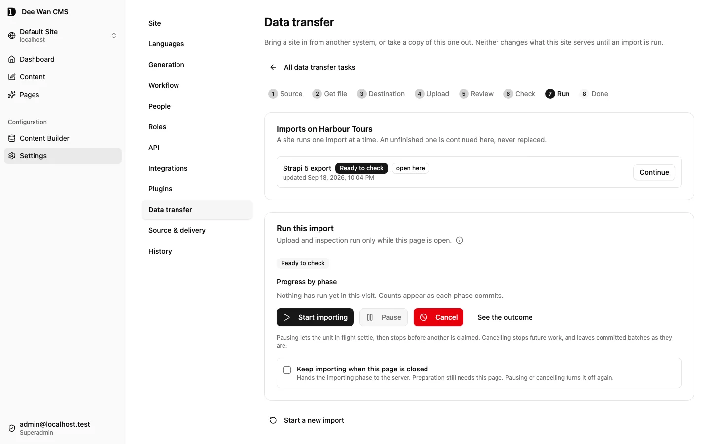 Import wizard ขั้น Run: Start importing, Pause และ Cancel ก่อนเริ่มการรัน