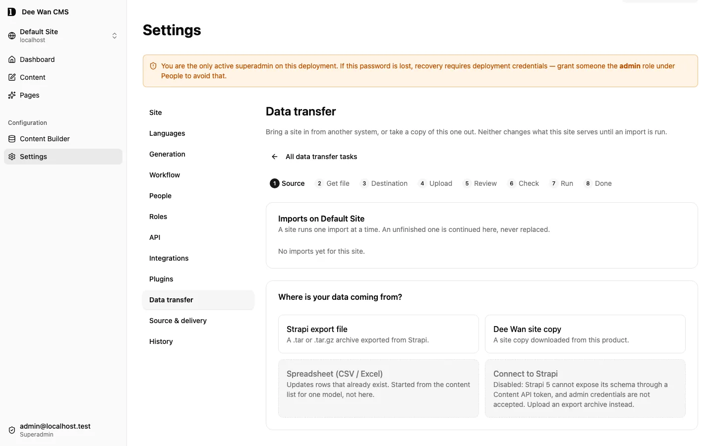 Import wizard ขั้น Source: ไฟล์ export ของ Strapi, Dee Wan site copy และแหล่งข้อมูลที่ถูกปิดใช้งานสองแหล่ง