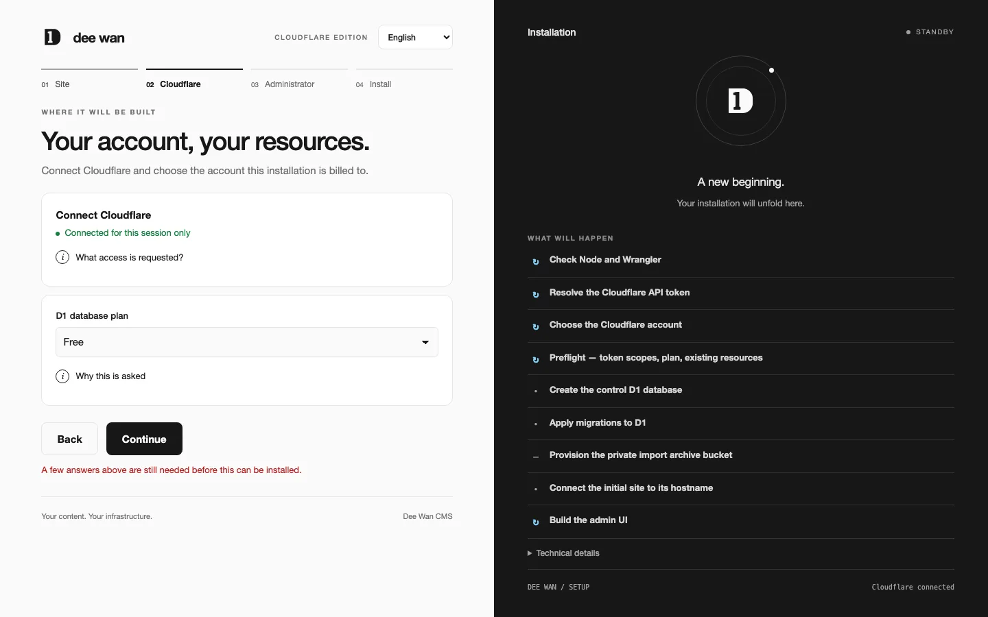 Web installer, Cloudflare step: connected for this session, D1 plan chosen