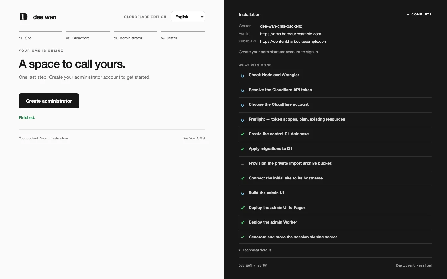 Web installer, finished: every step done and the Create administrator button