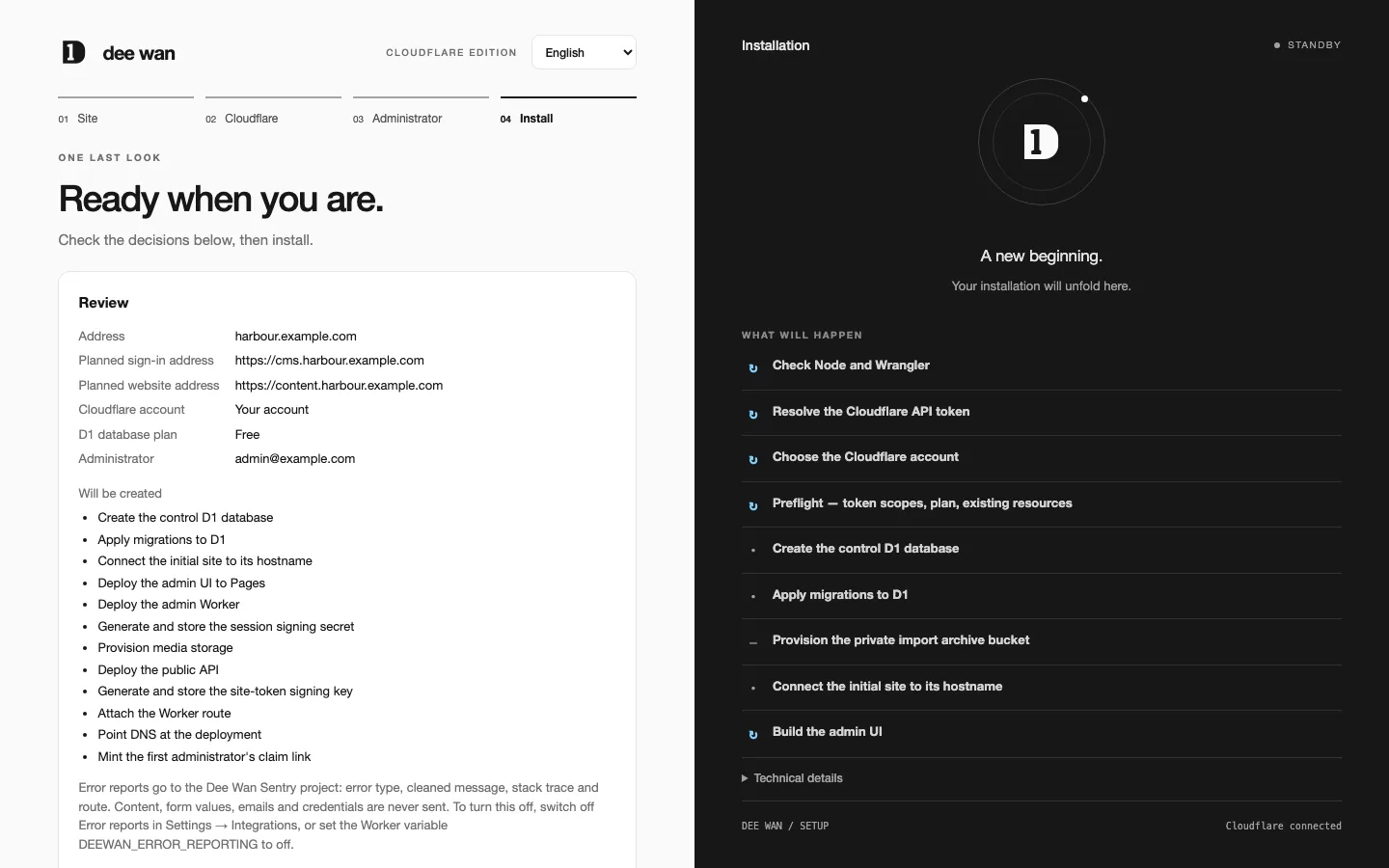 Web installer, Install step: the review of planned addresses and everything that will be created