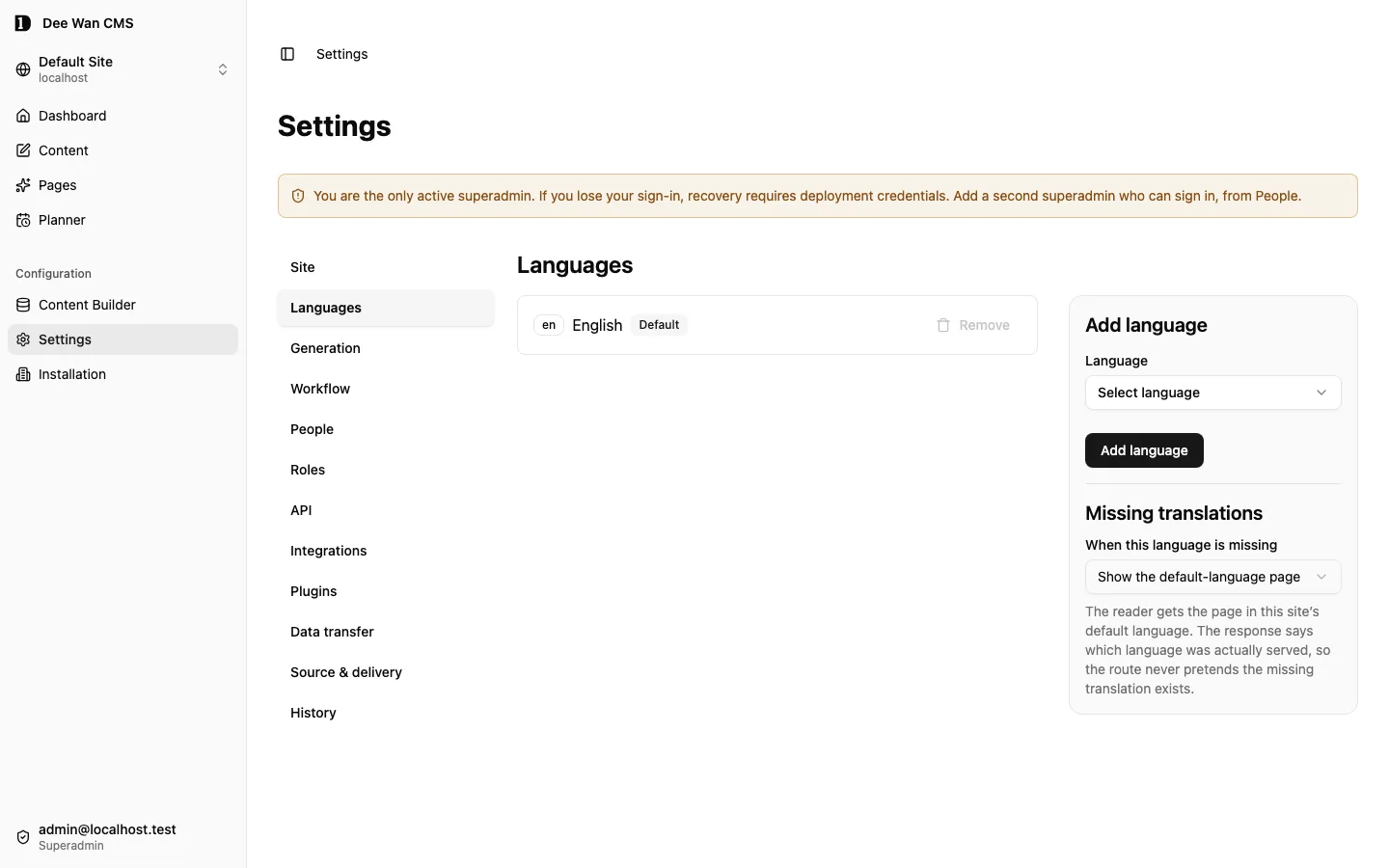 Language settings with the default language and missing-translation policy
