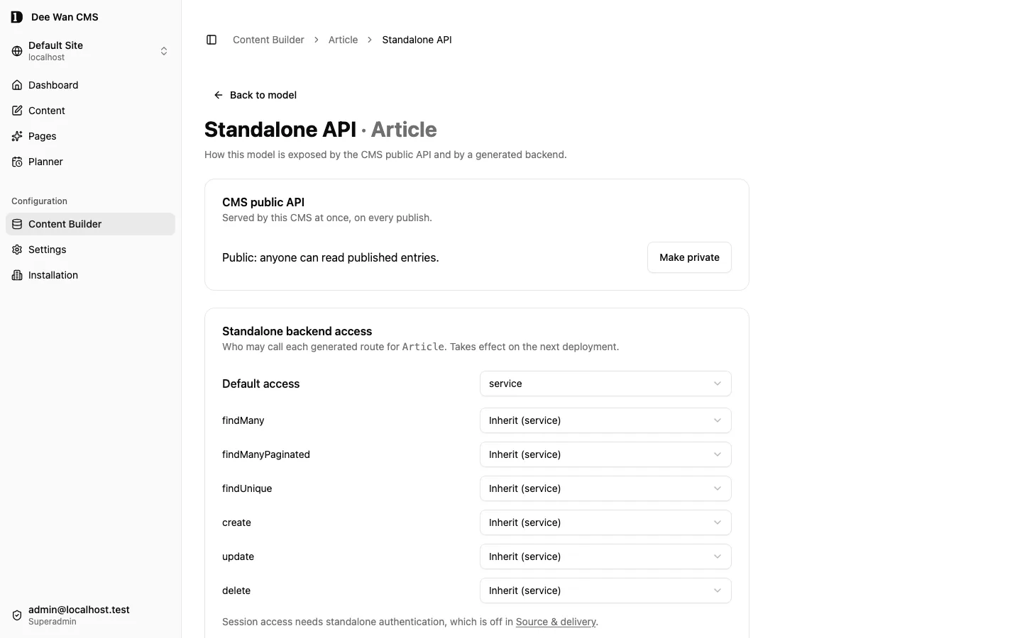A model’s standalone API page with default and per-operation access modes