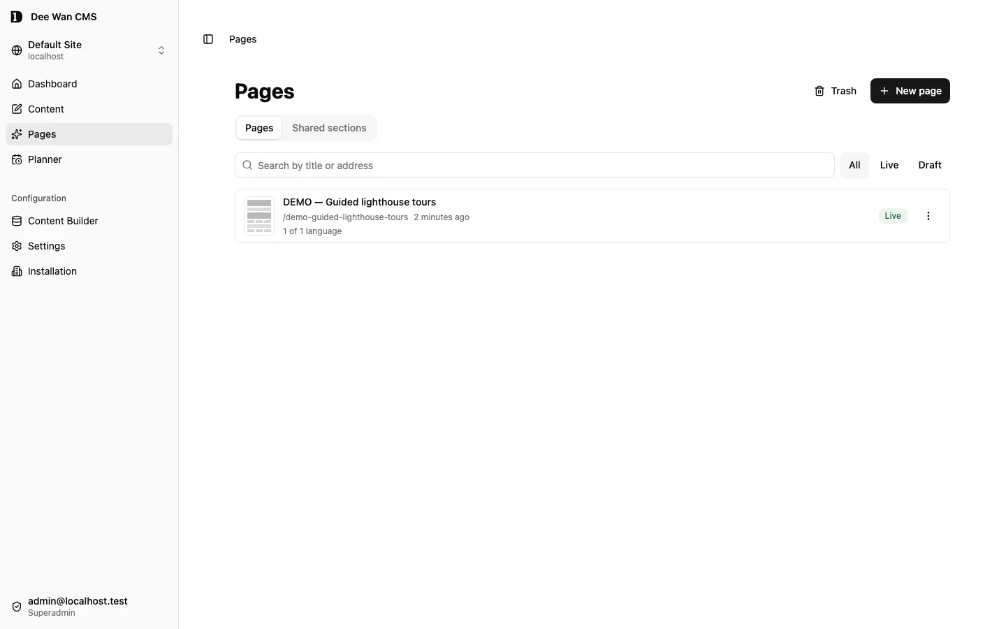 The Pages library with search, the status filter and one live page