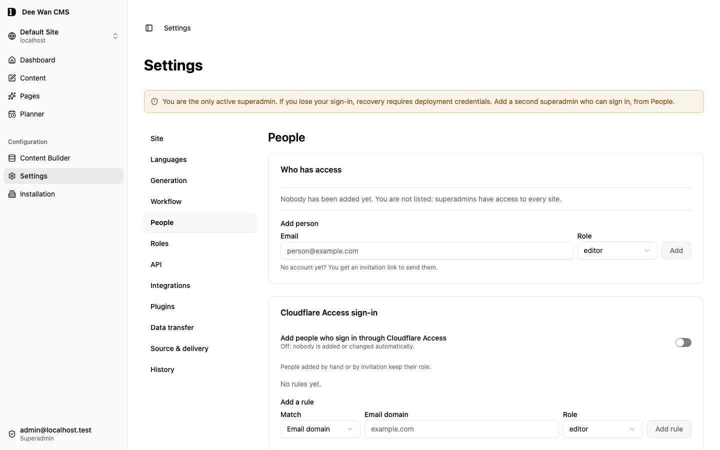 Settings, People: the current access list and the Add person controls