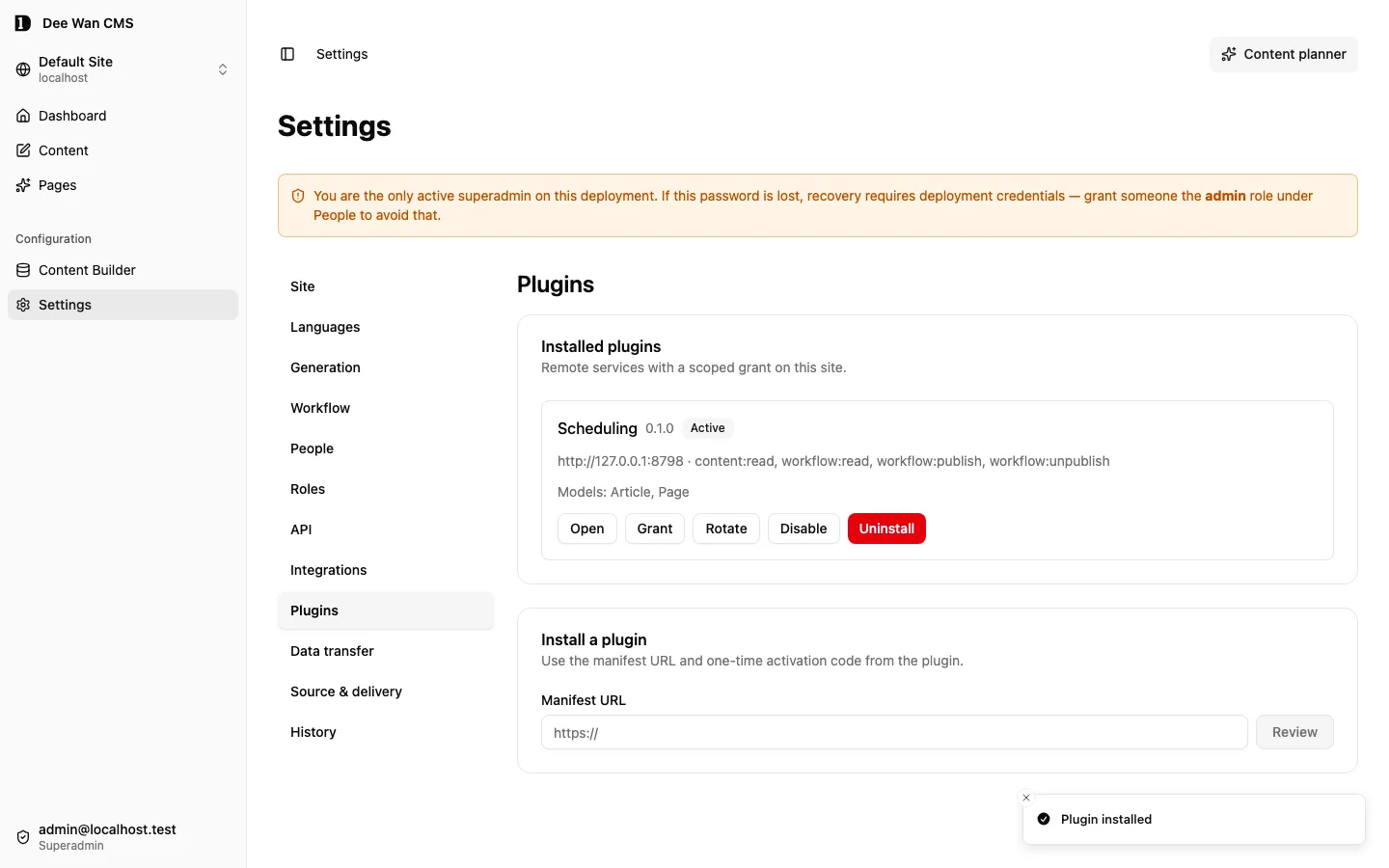 Settings → Plugins after Install: Scheduling 0.1.0 is Active with its grant and models