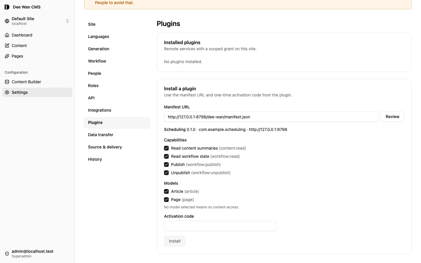 Settings → Plugins after Review: requested capabilities and the site’s models, each a checkbox, above the activation code