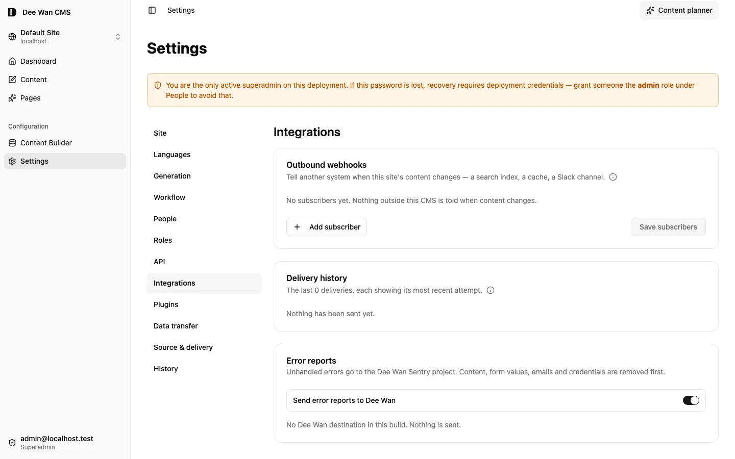 Settings, Integrations: outbound webhooks, delivery history and the Error reports switch