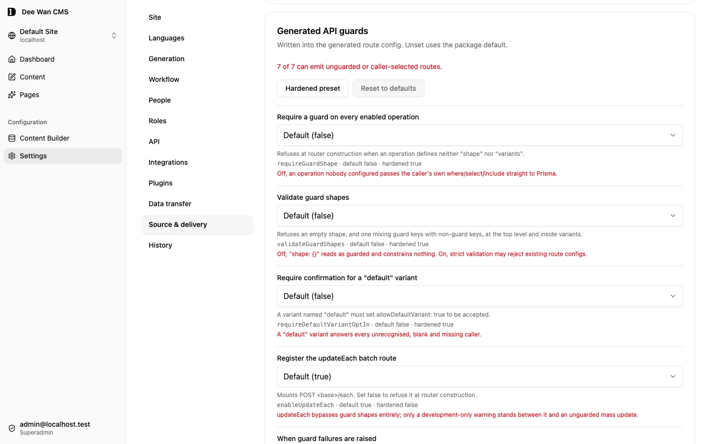 Settings, Source & delivery, Generated API guards: each option with its default and hardened value