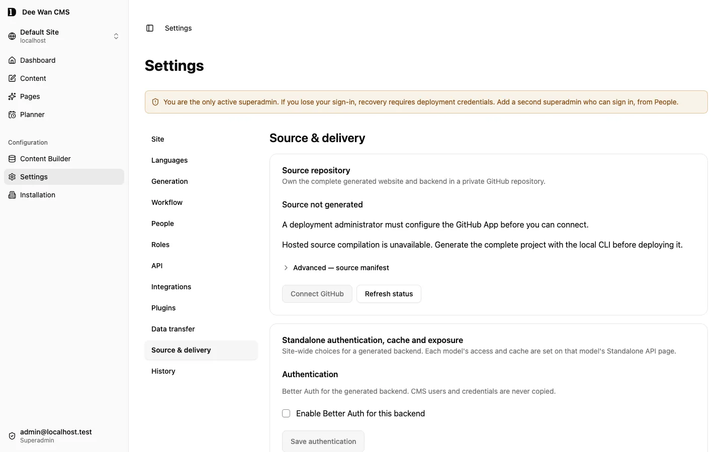 Source and delivery settings with standalone authentication, cache and model exposure